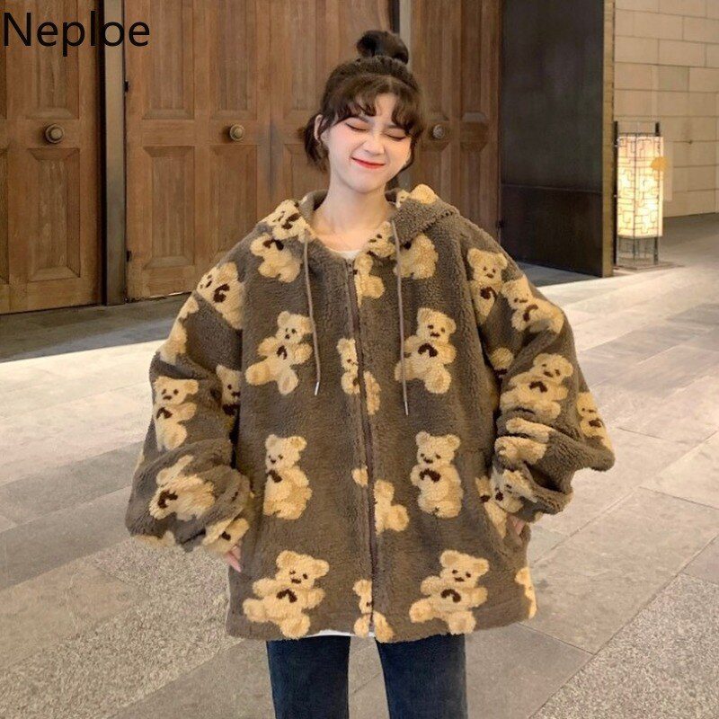 Neploe Cute Women Hoodie 2021 Winter Loose Hoodies Sweatshirts Streetwear Thick Lamb Wool Bear Coat Zipper Oversized Outwear