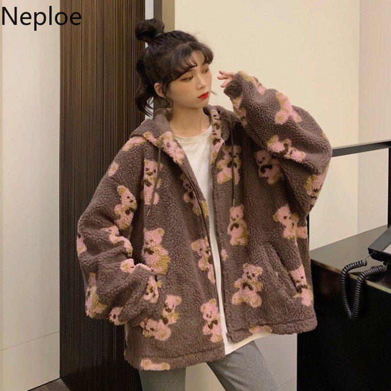 Neploe Cute Women Hoodie 2021 Winter Loose Hoodies Sweatshirts Streetwear Thick Lamb Wool Bear Coat Zipper Oversized Outwear