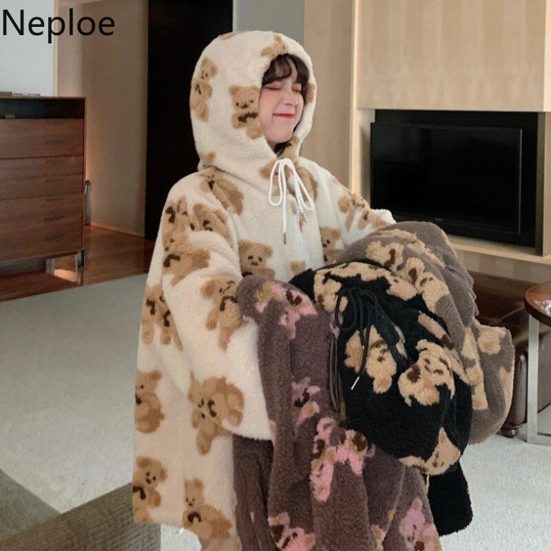 Neploe Cute Women Hoodie 2021 Winter Loose Hoodies Sweatshirts Streetwear Thick Lamb Wool Bear Coat Zipper Oversized Outwear