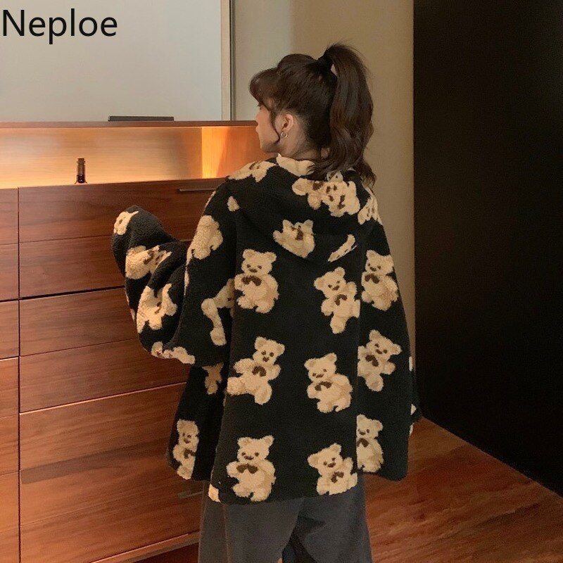 Neploe Cute Women Hoodie 2021 Winter Loose Hoodies Sweatshirts Streetwear Thick Lamb Wool Bear Coat Zipper Oversized Outwear