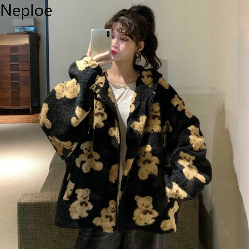 Neploe Cute Women Hoodie 2021 Winter Loose Hoodies Sweatshirts Streetwear Thick Lamb Wool Bear Coat Zipper Oversized Outwear