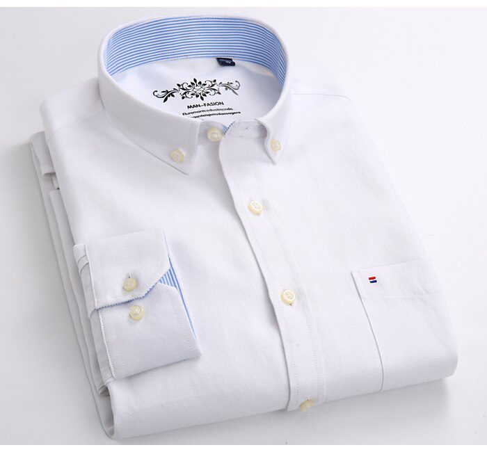 Men's Long Sleeve Oxford Plaid Striped Casual Shirt Front Patch Chest Pocket Regular-fit Button-down Collar Thick Work Shirts