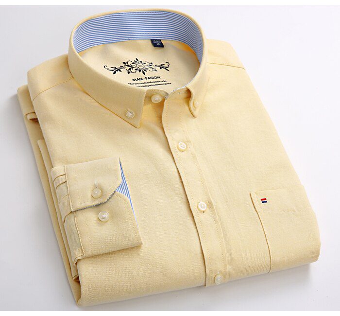 Men's Long Sleeve Oxford Plaid Striped Casual Shirt Front Patch Chest Pocket Regular-fit Button-down Collar Thick Work Shirts