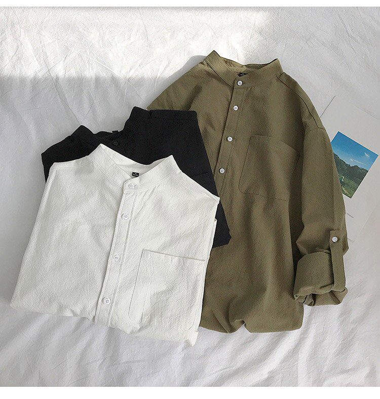 Simple Design Solid Colors Long Sleeve Shirts Korean Fashion Mandarin Collar 100% Cotton White Black Shirt Soft and Comfort