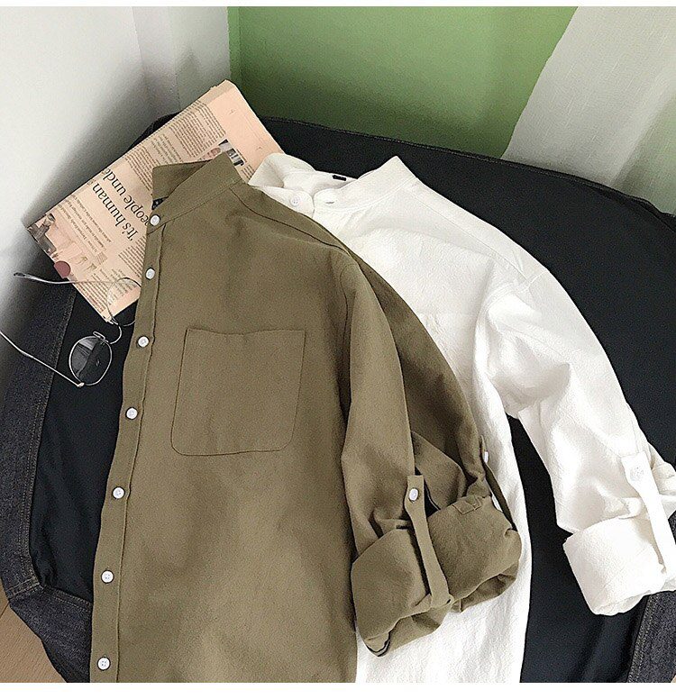 Simple Design Solid Colors Long Sleeve Shirts Korean Fashion Mandarin Collar 100% Cotton White Black Shirt Soft and Comfort