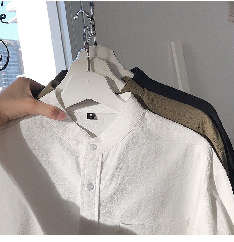 Simple Design Solid Colors Long Sleeve Shirts Korean Fashion Mandarin Collar 100% Cotton White Black Shirt Soft and Comfort