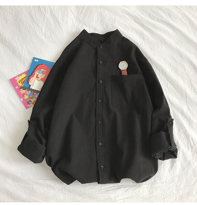 Simple Design Solid Colors Long Sleeve Shirts Korean Fashion Mandarin Collar 100% Cotton White Black Shirt Soft and Comfort