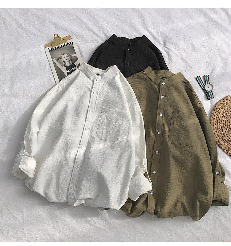 Simple Design Solid Colors Long Sleeve Shirts Korean Fashion Mandarin Collar 100% Cotton White Black Shirt Soft and Comfort