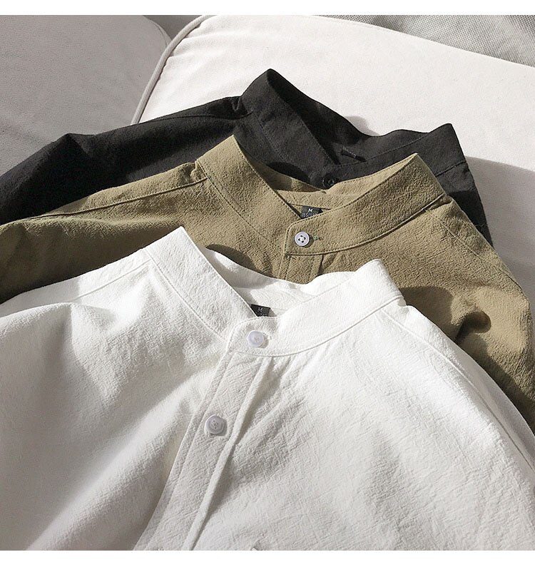 Simple Design Solid Colors Long Sleeve Shirts Korean Fashion Mandarin Collar 100% Cotton White Black Shirt Soft and Comfort