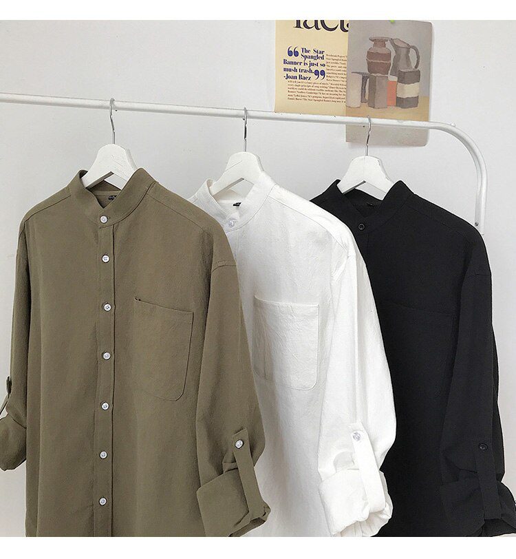 Simple Design Solid Colors Long Sleeve Shirts Korean Fashion Mandarin Collar 100% Cotton White Black Shirt Soft and Comfort