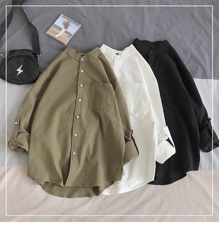 Simple Design Solid Colors Long Sleeve Shirts Korean Fashion Mandarin Collar 100% Cotton White Black Shirt Soft and Comfort