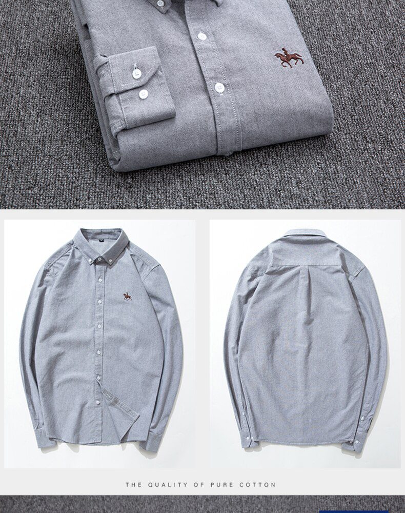 100% Cotton Oxford Shirt Men's Long Sleeve Embroidered Horse Casual Without Pocket Solid Yellow Dress Shirt Men Plus Size 5XL6XL