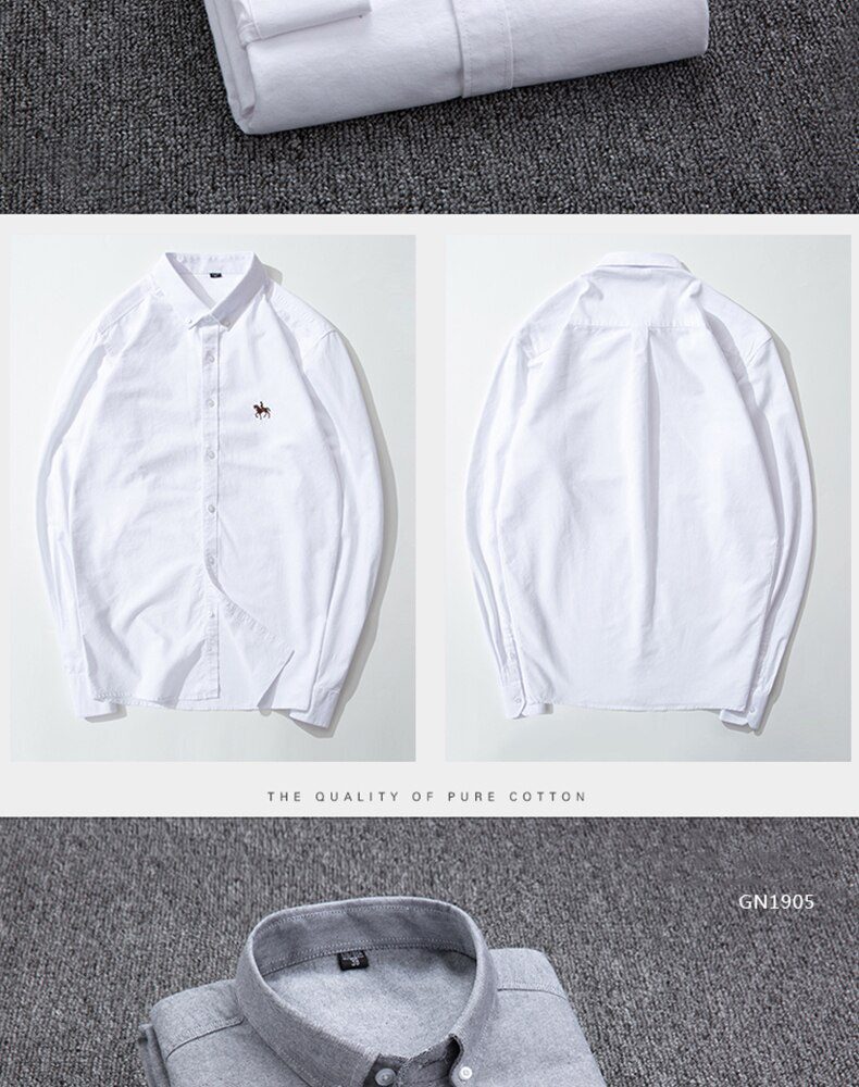 100% Cotton Oxford Shirt Men's Long Sleeve Embroidered Horse Casual Without Pocket Solid Yellow Dress Shirt Men Plus Size 5XL6XL