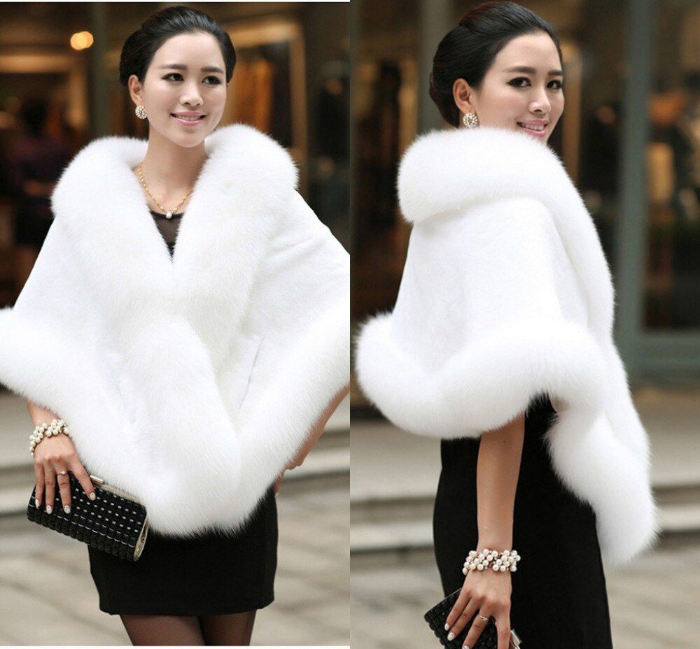 JaneVini 165*55 cm Plus Size Women Fur Shoulder Wrap Burgundy Bridal Shawls Cape White Black Faux Fur Wedding Shrug Coat Boleros