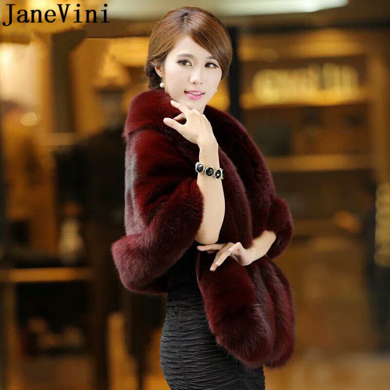 JaneVini 165*55 cm Plus Size Women Fur Shoulder Wrap Burgundy Bridal Shawls Cape White Black Faux Fur Wedding Shrug Coat Boleros