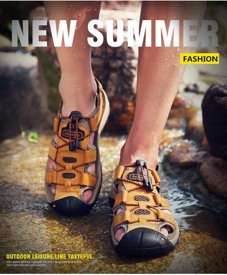 Vancat 2019 New Big Size Genuine Leather Cowhide Men Sandals Summer Quality Beach Slippers Casual Sneakers Outdoor Beach Shoes