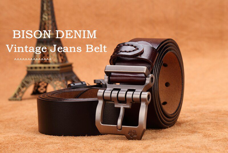 BISON DENIM Men Belt For Men Cowskin Genuine Leather Personality Men belt Buckle Quality Male Brown Strap Vintage Jeans N71223