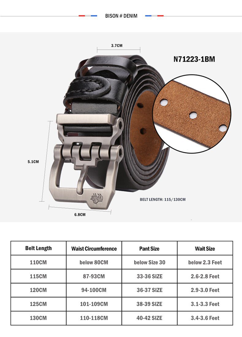 BISON DENIM Men Belt For Men Cowskin Genuine Leather Personality Men belt Buckle Quality Male Brown Strap Vintage Jeans N71223