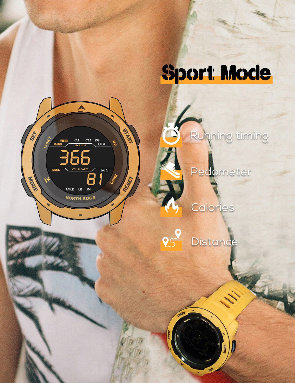 NORTH EDGE Men Digital Watch Men's Sports Watches Dual Time Pedometer Alarm Clock Waterproof 50M Digital Watch Military Clock