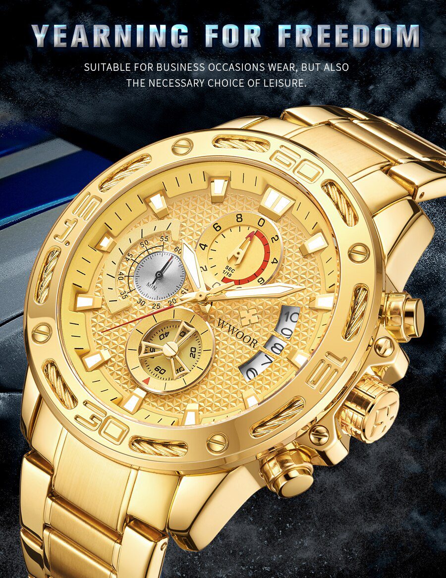 WWOOR 2021 New Men Watches Top Brand Luxury Gold Stainless Steel Quartz Watch Men Waterproof Sport Chronograph Relogio Masculino