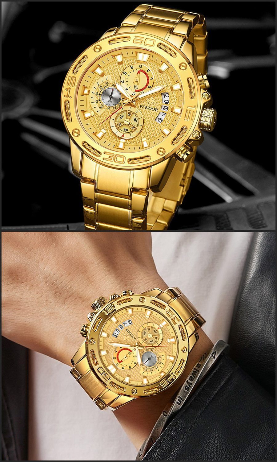 WWOOR 2021 New Men Watches Top Brand Luxury Gold Stainless Steel Quartz Watch Men Waterproof Sport Chronograph Relogio Masculino