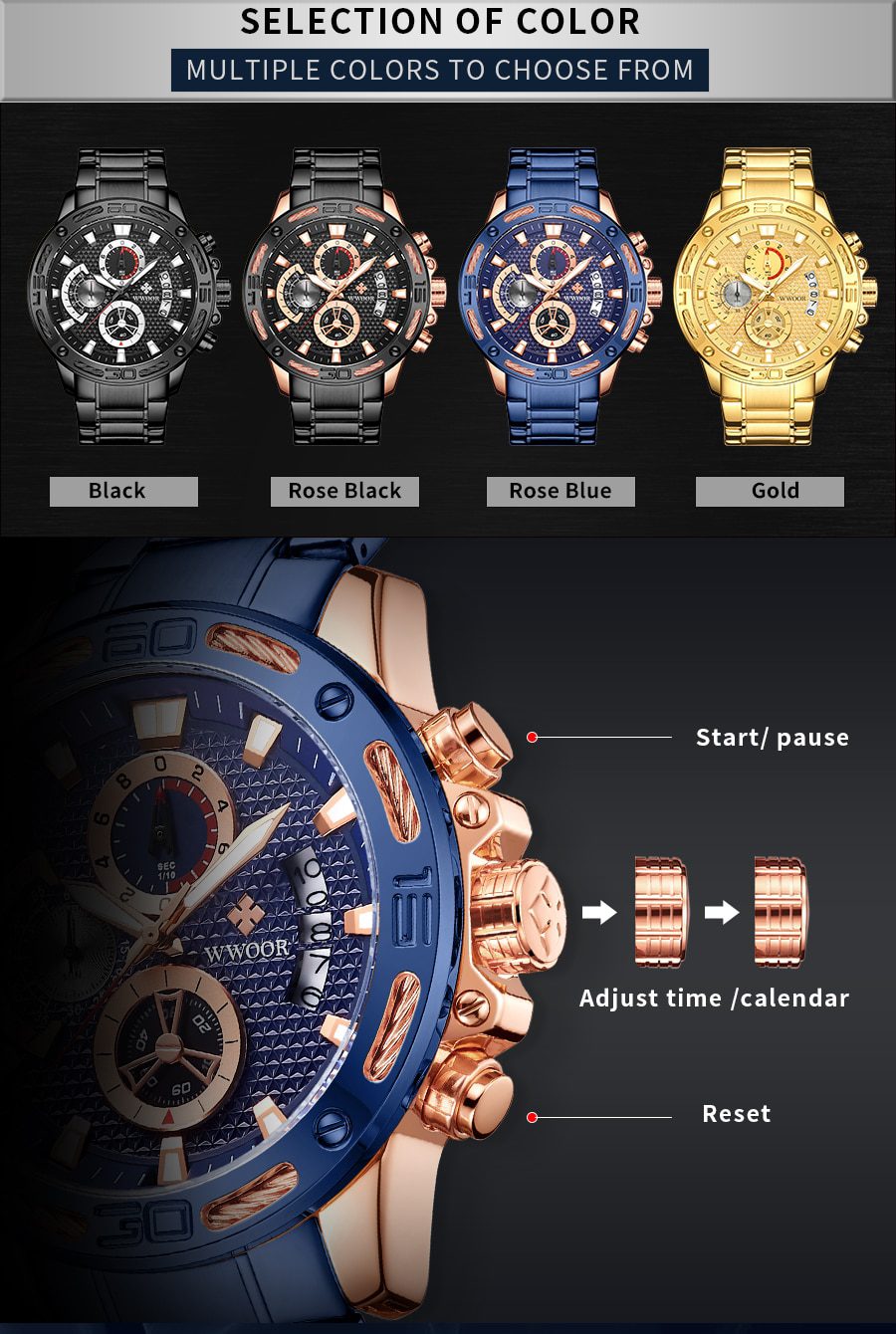 WWOOR 2021 New Men Watches Top Brand Luxury Gold Stainless Steel Quartz Watch Men Waterproof Sport Chronograph Relogio Masculino
