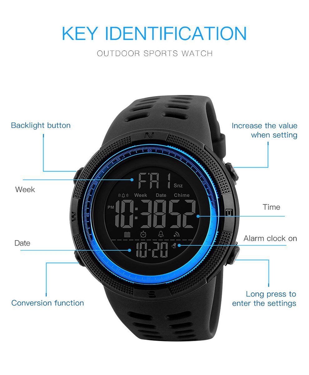 SKMEI Fashion Outdoor Sport Watch Men Multifunction Watches Alarm Clock Chrono 5Bar Waterproof Digital Watch reloj hombre 1251
