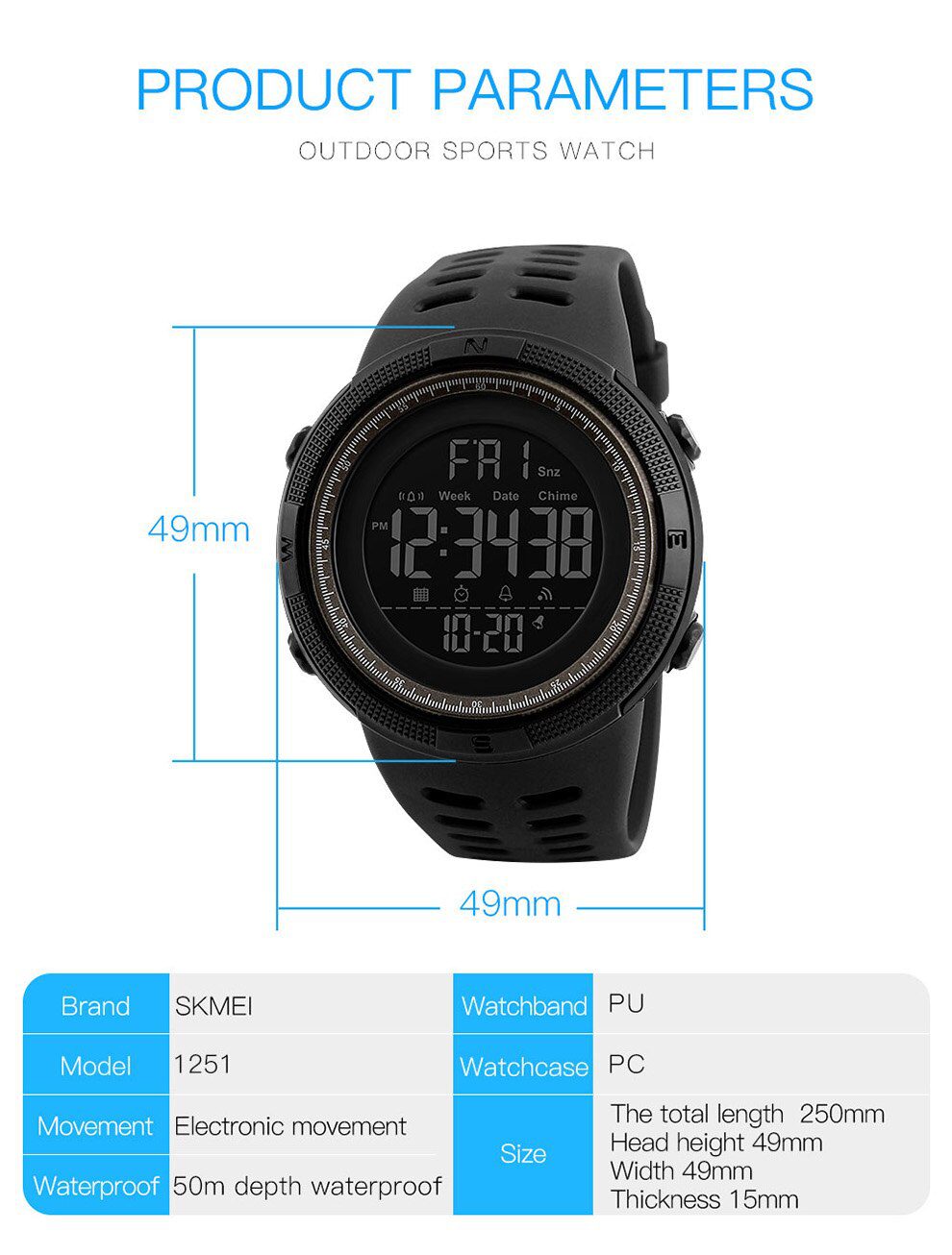 SKMEI Fashion Outdoor Sport Watch Men Multifunction Watches Alarm Clock Chrono 5Bar Waterproof Digital Watch reloj hombre 1251