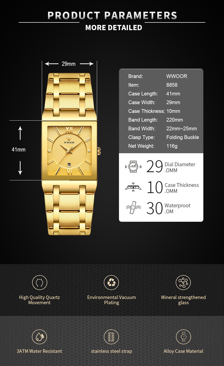 Relogio Masculino WWOOR Gold Watch Men Square Mens Watches Top Brand Luxury Golden Quartz Stainless Steel Waterproof Wrist Watch