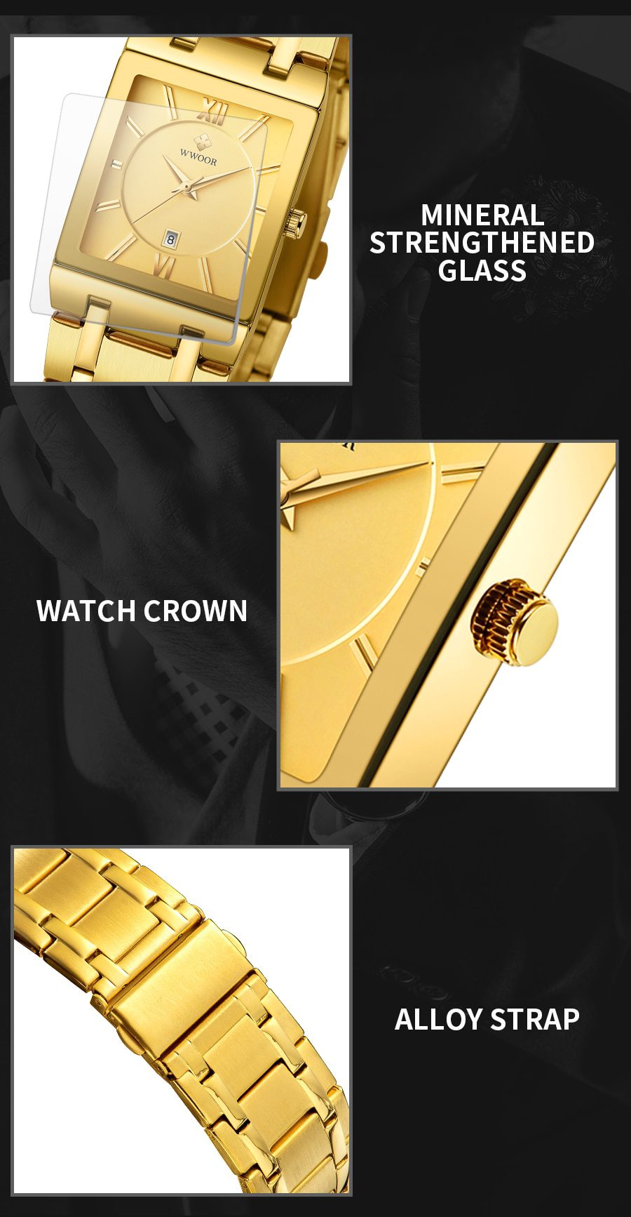 Relogio Masculino WWOOR Gold Watch Men Square Mens Watches Top Brand Luxury Golden Quartz Stainless Steel Waterproof Wrist Watch