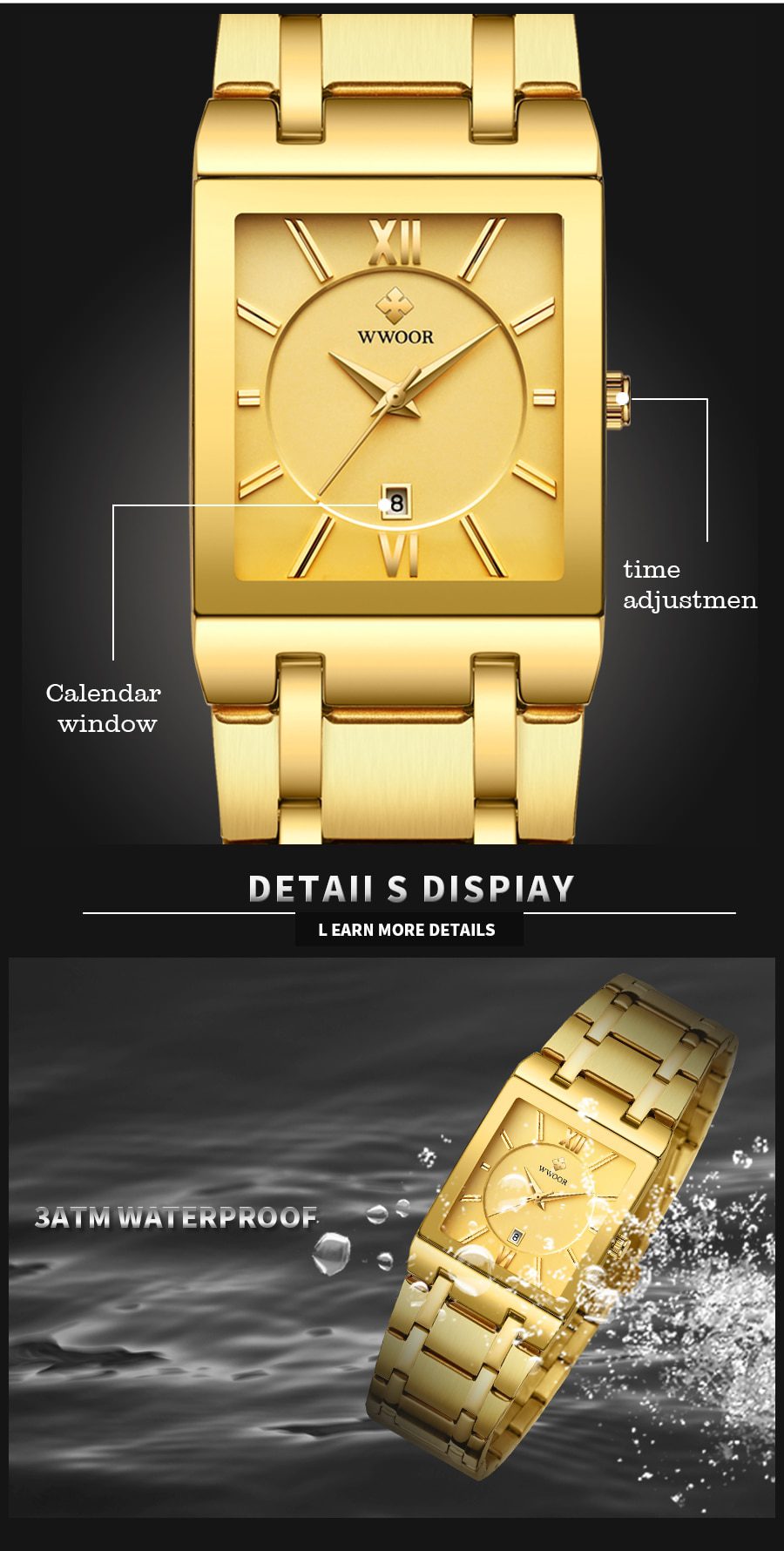 Relogio Masculino WWOOR Gold Watch Men Square Mens Watches Top Brand Luxury Golden Quartz Stainless Steel Waterproof Wrist Watch