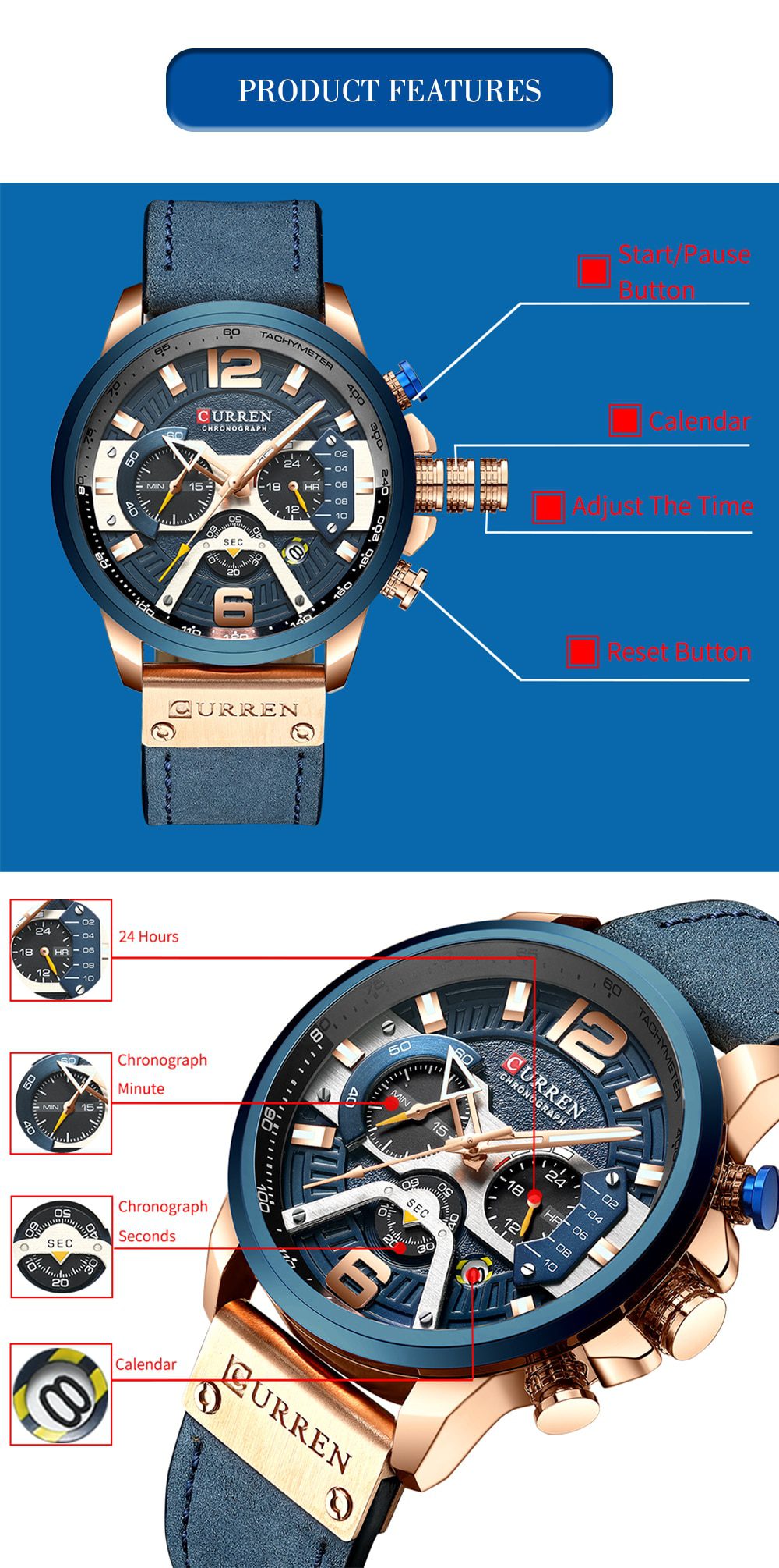 CURREN Casual Sport Watches for Men Blue Top Brand Luxury Military Leather Wrist Watch Man Clock Fashion Chronograph Wristwatch CURREN Casual Sport Watches for Men Blue Top Brand Luxury Military Leather Wrist Watch Man Clock Fashion Chronograph Wristwatch