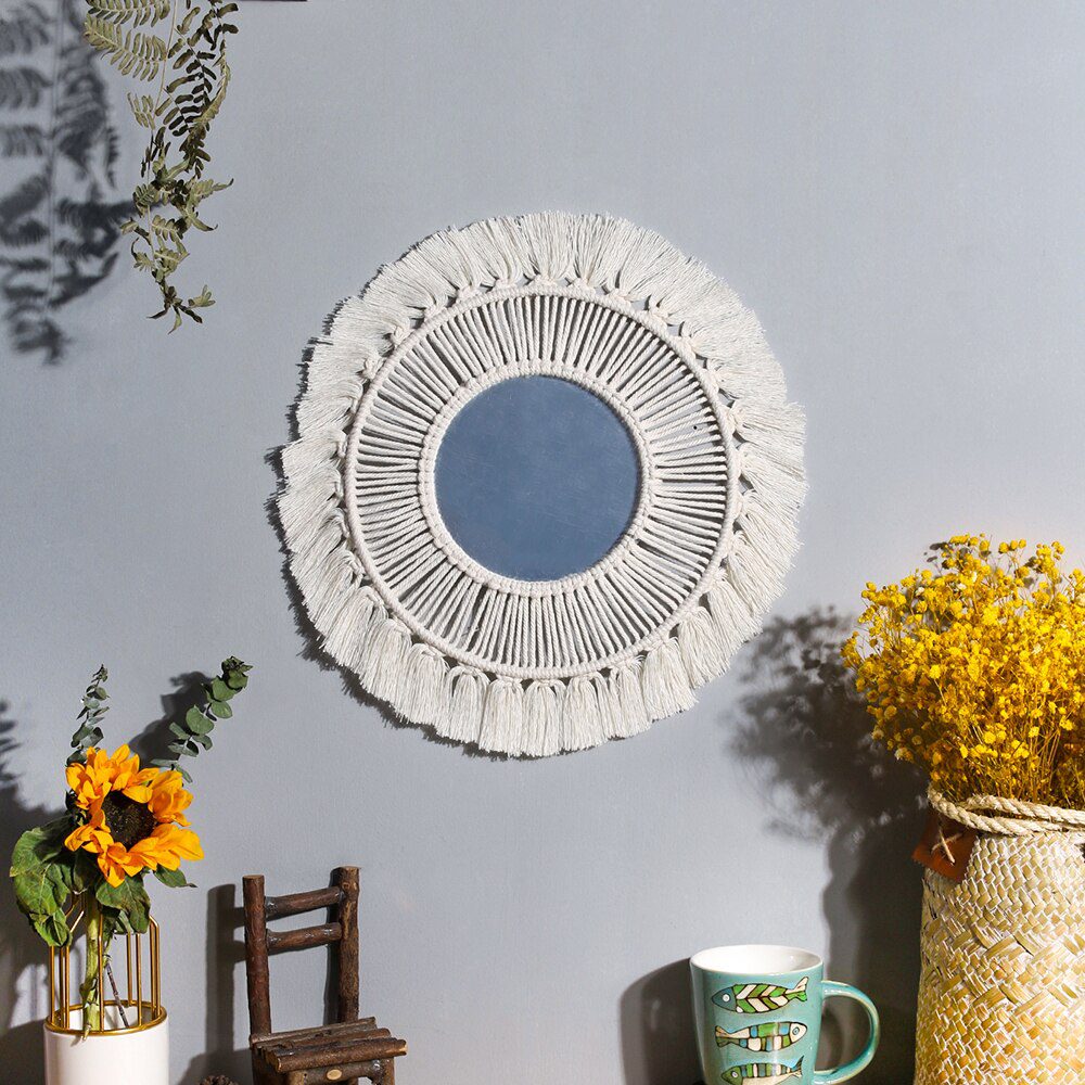 Round Mirror Macrame Mirror Wall Boho Home Decor for Apartment Living Room Bedroom Baby Nursery Dorm