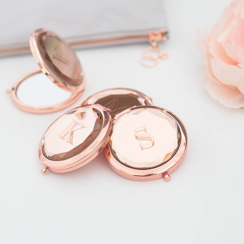 Decorative mirrors Personalized Bride Compact pocket mirror for women Rose Gold Crystal Makeup Mirror Bridesmaid Wedding Gift