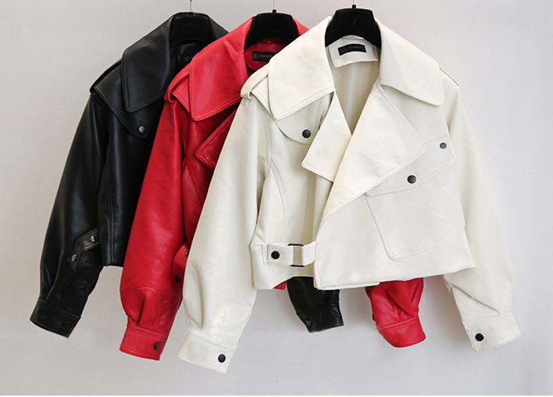 FTLZZ New Spring Women Faux Leather Jacket Biker Red White Coat Turndown Collar PU Motorcycle Jackets Loose Streetwear Outerwear FTLZZ New Spring Women Faux Leather Jacket Biker Red White Coat Turndown Collar PU Motorcycle Jackets Loose Streetwear Outerwear