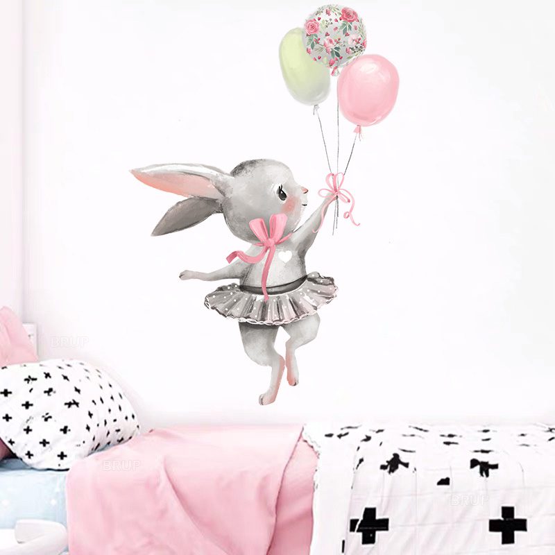 Cute Grey Bunny Ballet Rabbit Wall Stickers for Kids Room Cat Baby Nursery Wall Decals Pink Flower for Girl Room Home Decoration Cute Grey Bunny Ballet Rabbit Wall Stickers for Kids Room Cat Baby Nursery Wall Decals Pink Flower for Girl Room Home Decoration