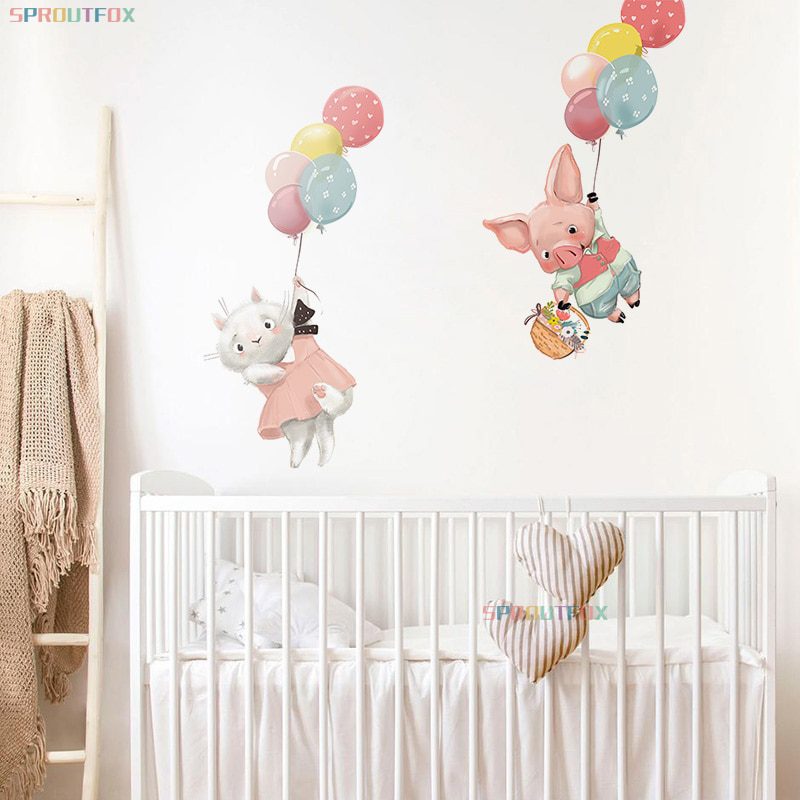 Animal Cartoon Wall Stickers For Kids Rooms Balloon Bunny Decorative 3D Wall Stickers For Children Rooms Large Kids Wall Decals