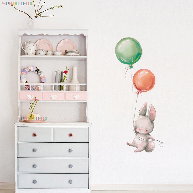 Animal Cartoon Wall Stickers For Kids Rooms Balloon Bunny Decorative 3D Wall Stickers For Children Rooms Large Kids Wall Decals