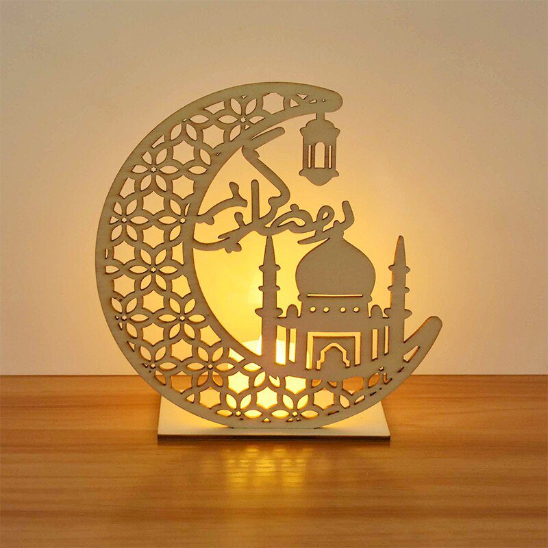 EID Mubarak Wooden Pendant with LED Candles Light Ramadan Decorations For Home Islamic Muslim Party Eid Decor Kareem Ramadan