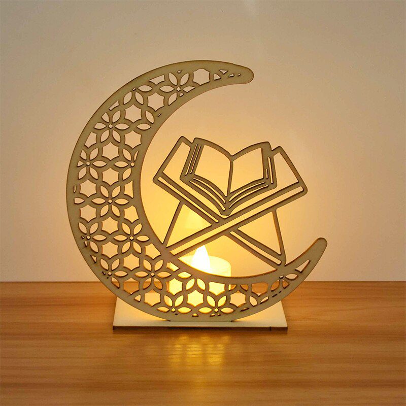 EID Mubarak Wooden Pendant with LED Candles Light Ramadan Decorations For Home Islamic Muslim Party Eid Decor Kareem Ramadan