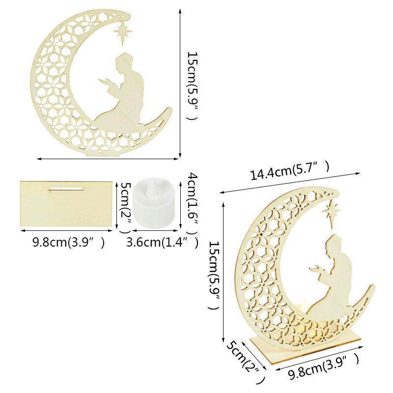 EID Mubarak Wooden Pendant with LED Candles Light Ramadan Decorations For Home Islamic Muslim Party Eid Decor Kareem Ramadan