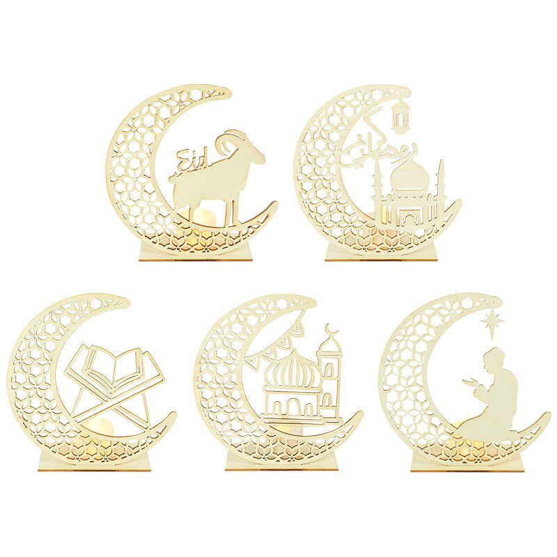 EID Mubarak Wooden Pendant with LED Candles Light Ramadan Decorations For Home Islamic Muslim Party Eid Decor Kareem Ramadan