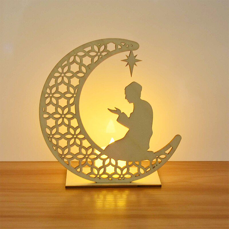 EID Mubarak Wooden Pendant with LED Candles Light Ramadan Decorations For Home Islamic Muslim Party Eid Decor Kareem Ramadan