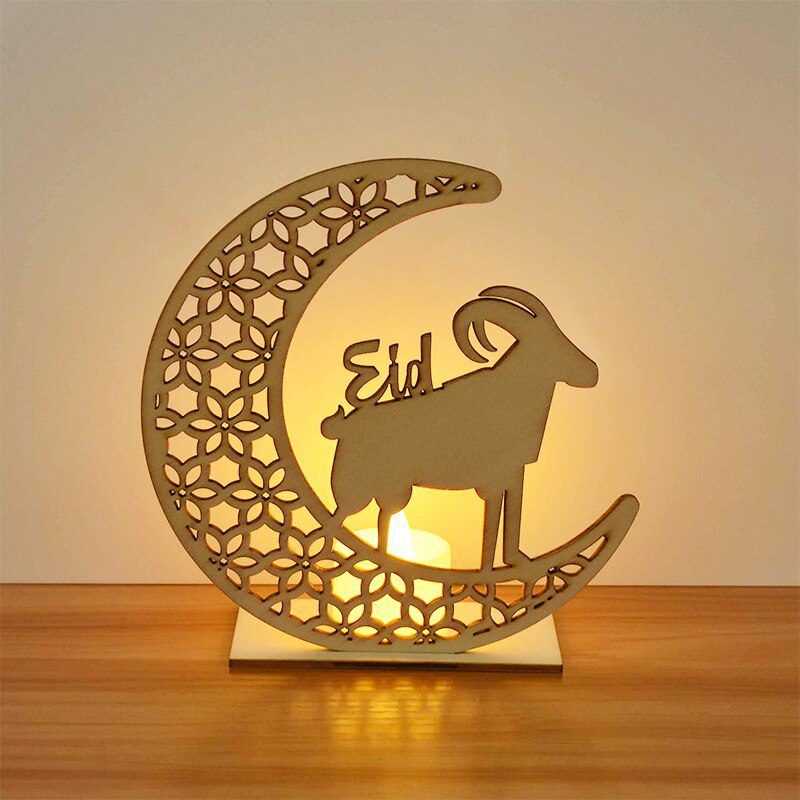 EID Mubarak Wooden Pendant with LED Candles Light Ramadan Decorations For Home Islamic Muslim Party Eid Decor Kareem Ramadan