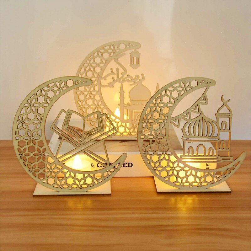 EID Mubarak Wooden Pendant with LED Candles Light Ramadan Decorations For Home Islamic Muslim Party Eid Decor Kareem Ramadan