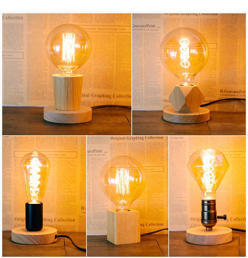 220V 110V Retro Wood Table Lamp E27 Socket Vintage Desk Lamp Base Holder EU Plug Bedside Lamp Decor Wooden Base Table Light