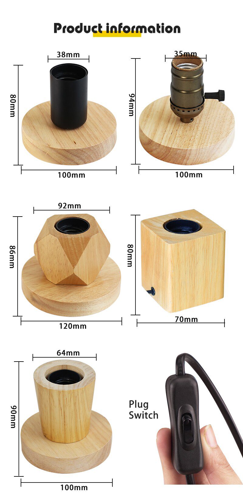 220V 110V Retro Wood Table Lamp E27 Socket Vintage Desk Lamp Base Holder EU Plug Bedside Lamp Decor Wooden Base Table Light