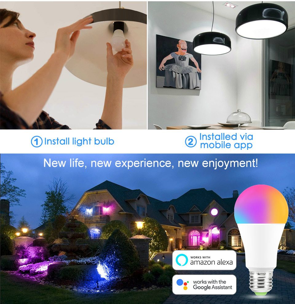 15W WiFi Smart Light Bulb B22 E27 LED RGB Lamp Work with Alexa/Google Home 85-265V RGB+White Dimmable Timer Function Magic Bulb