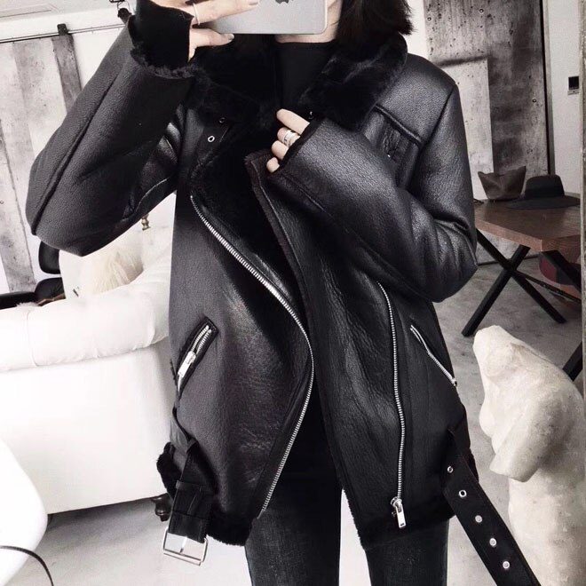Ailegogo 2021 Winter Coats Women Thick Faux Leather Fur Sheepskin Coat Female Fur Leather Jacket Aviator Jacket Casaco Feminino