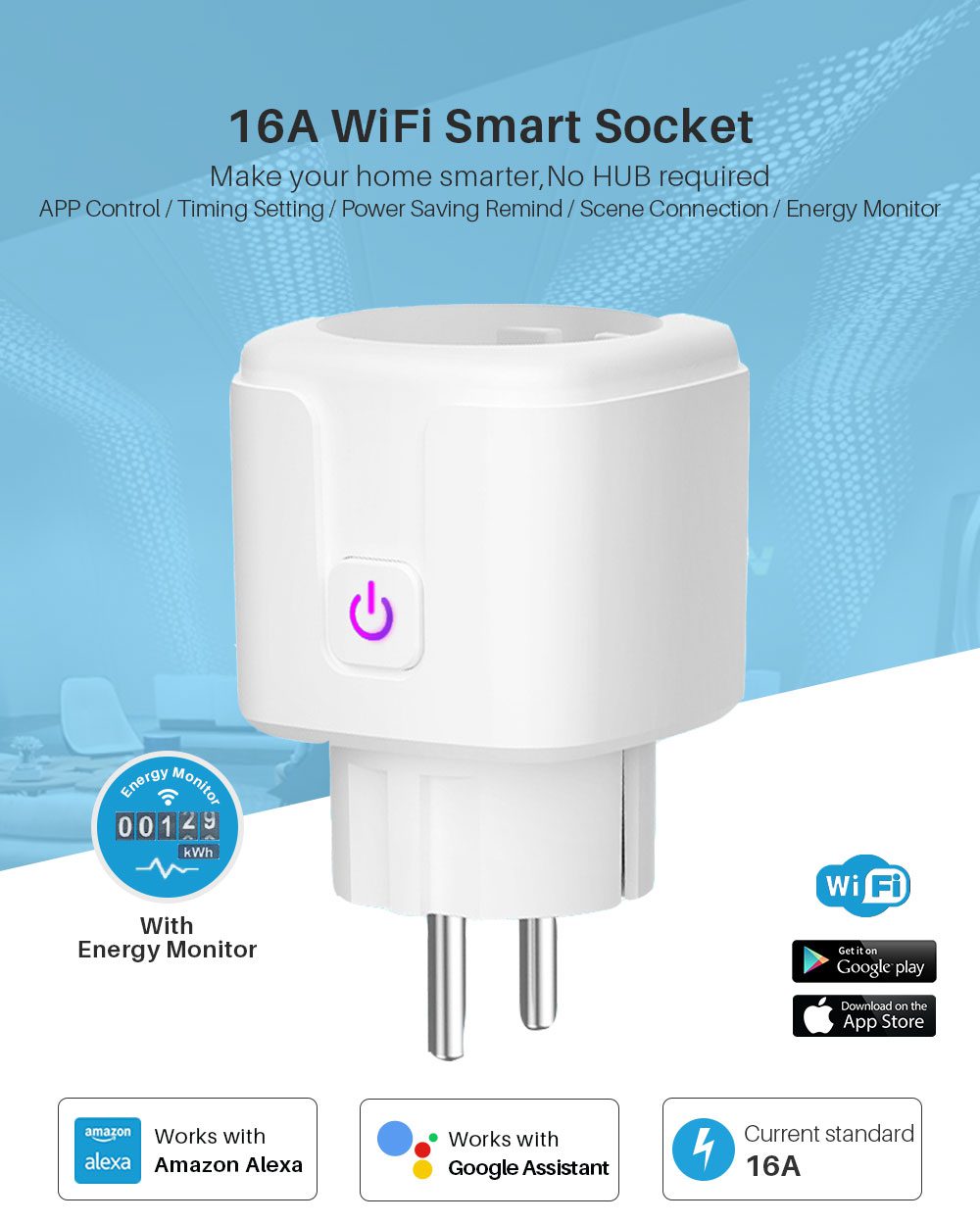 Smart Plug WiFi Socket EU 16A Power Monitor Timing Function Tuya SmartLife APP Control Works With Alexa Google Assistant